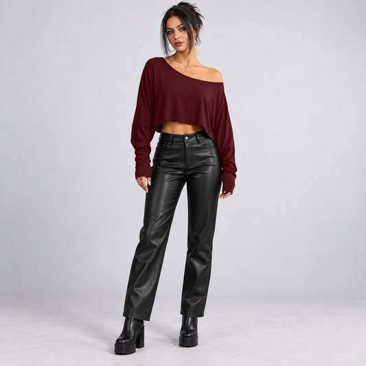 Burgundy Off-Shoulder Batwing Crop Top