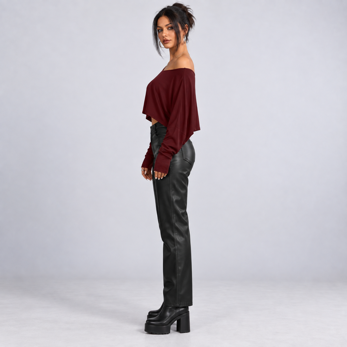 Burgundy Off-Shoulder Batwing Crop Top