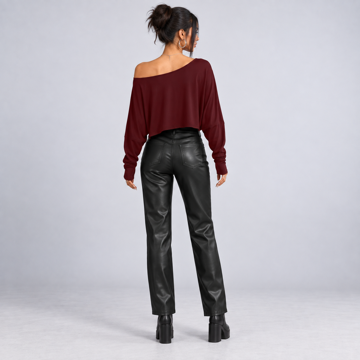 Burgundy Off-Shoulder Batwing Crop Top