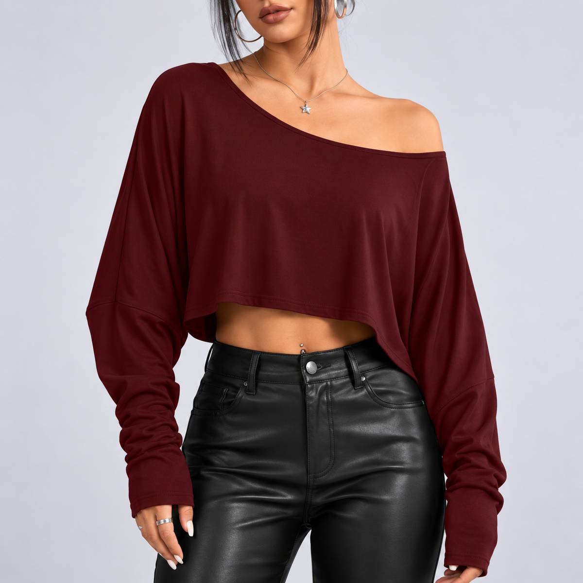 Burgundy Off-Shoulder Batwing Crop Top