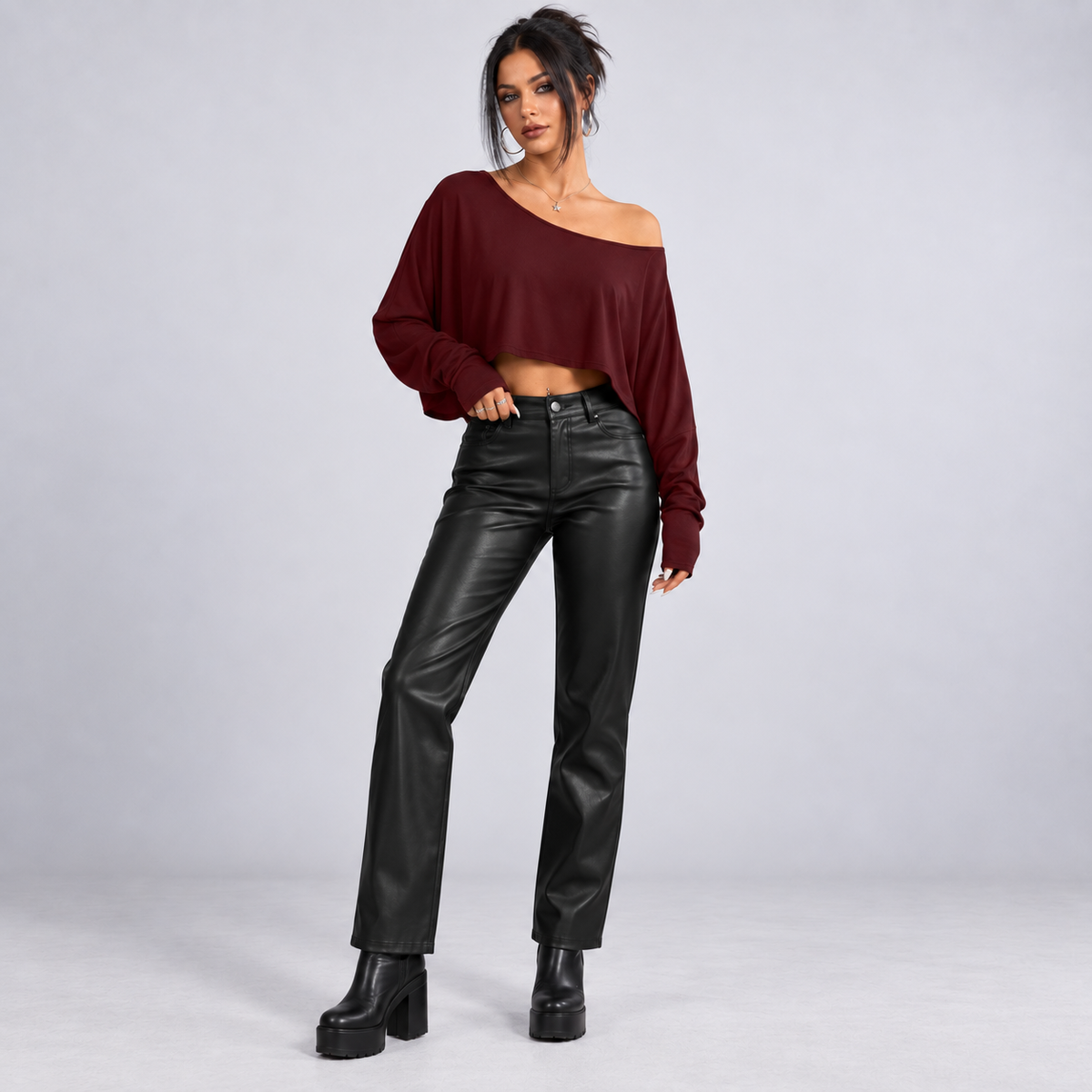 Burgundy Off-Shoulder Batwing Crop Top