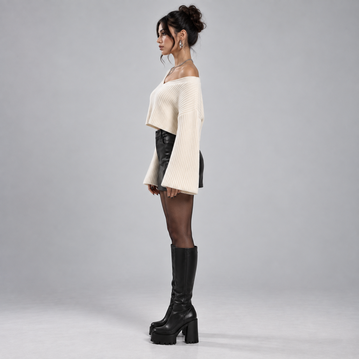 Ivory Ribbed V-Neck Bell Sleeve Cropped Jumper