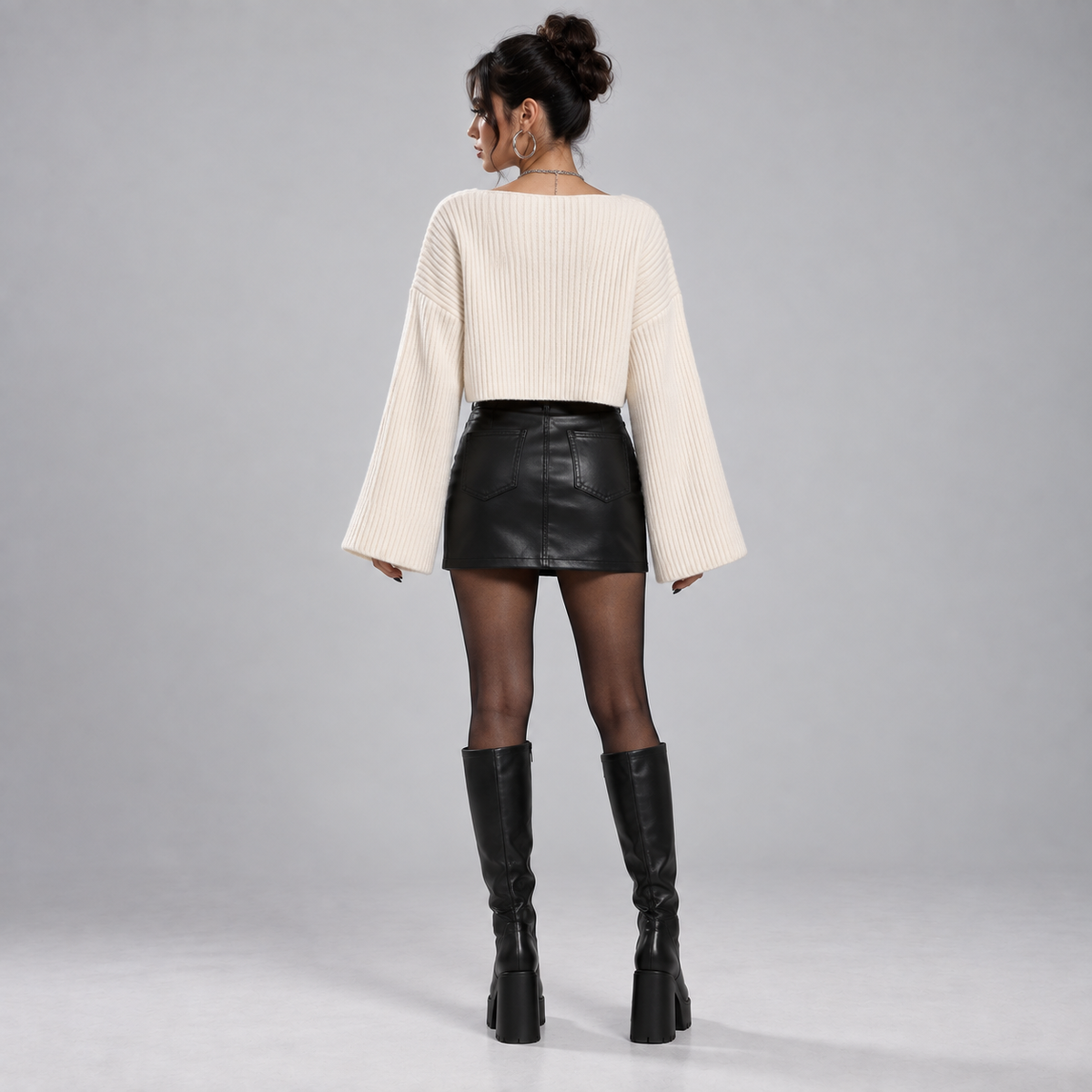 Ivory Ribbed V-Neck Bell Sleeve Cropped Jumper