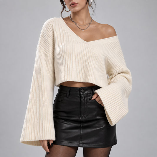 Ivory Ribbed V-Neck Bell Sleeve Cropped Jumper