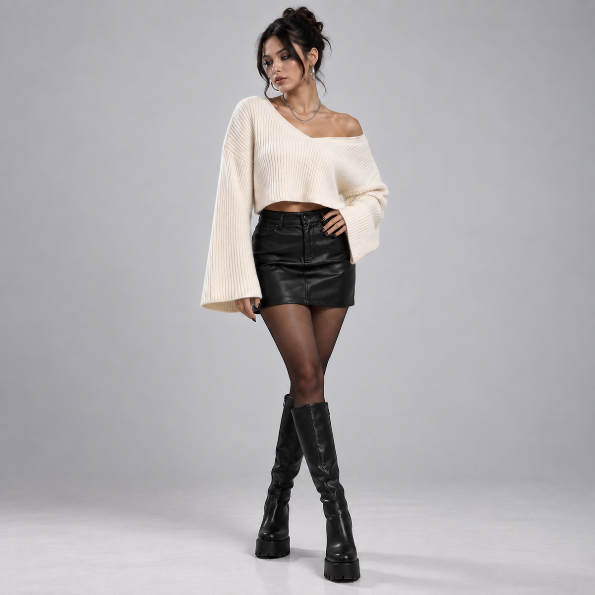 Ivory Ribbed V-Neck Bell Sleeve Cropped Jumper
