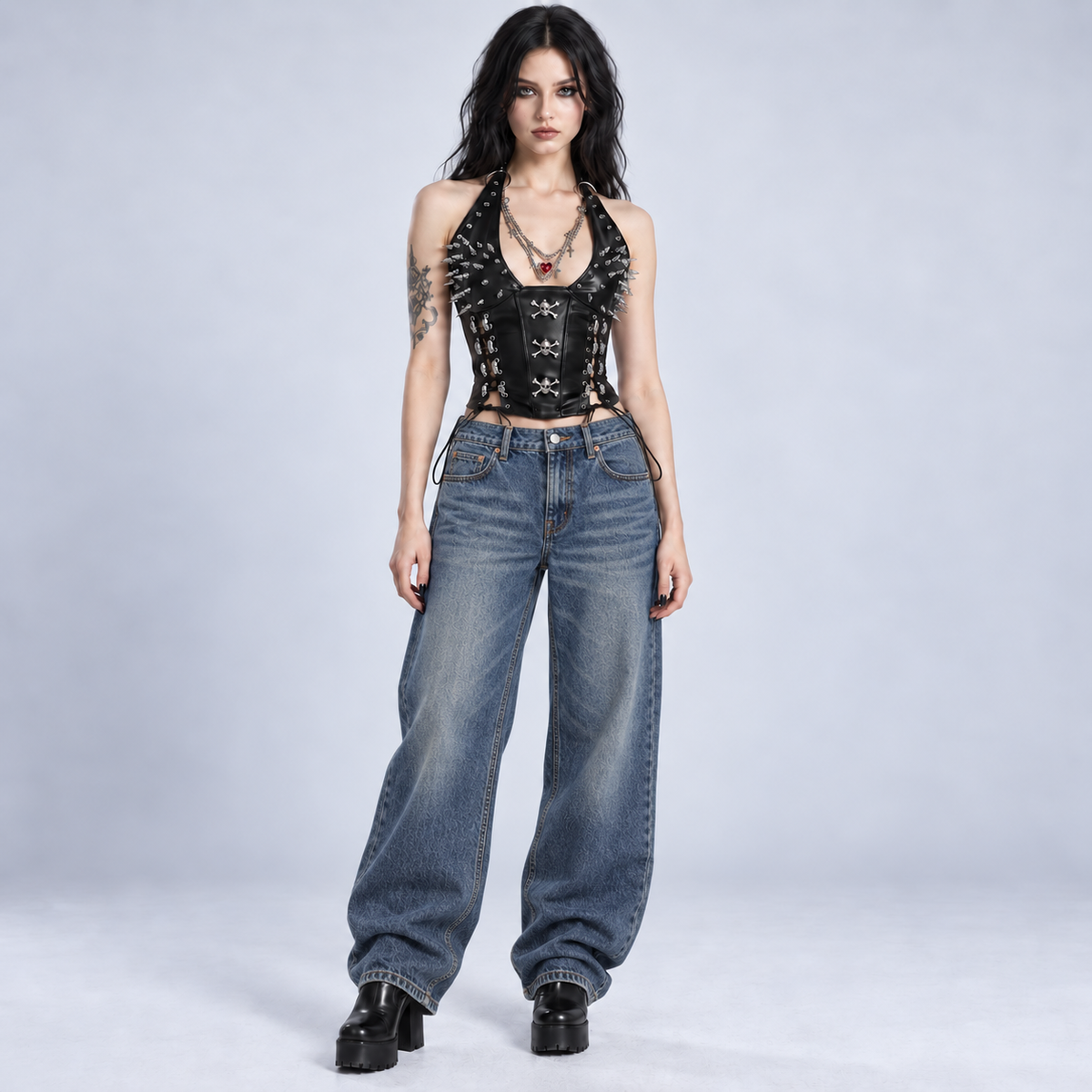 Black Gothic Studded Faux Leather Skull Halter Corset Top