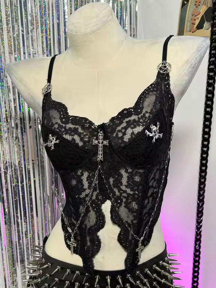 Black Gothic Lace Cross Chain Camisole Top with Skull Detail