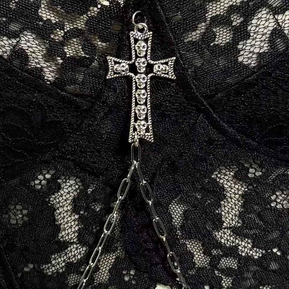 Black Gothic Lace Cross Chain Camisole Top with Skull Detail
