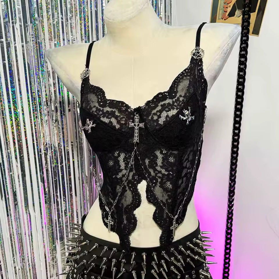 Black Gothic Lace Cross Chain Camisole Top with Skull Detail