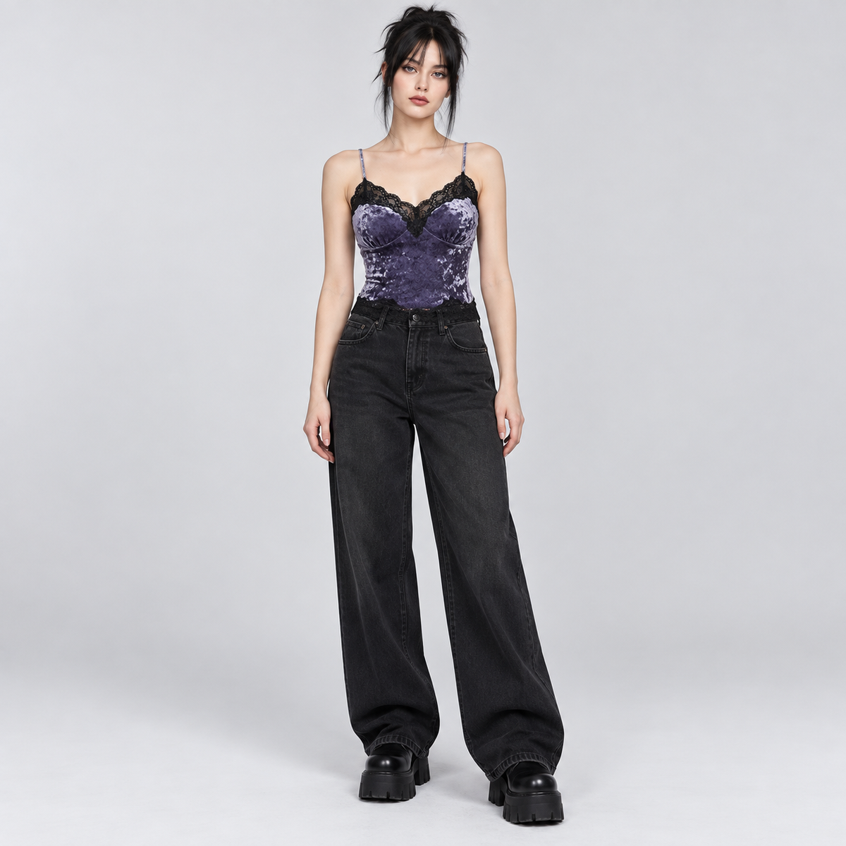 Purple Gothic Crushed Velvet Lace Trim Bustier Camisole Top