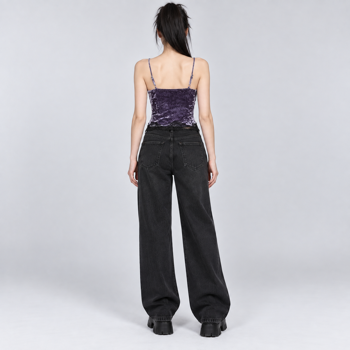Purple Gothic Crushed Velvet Lace Trim Bustier Camisole Top