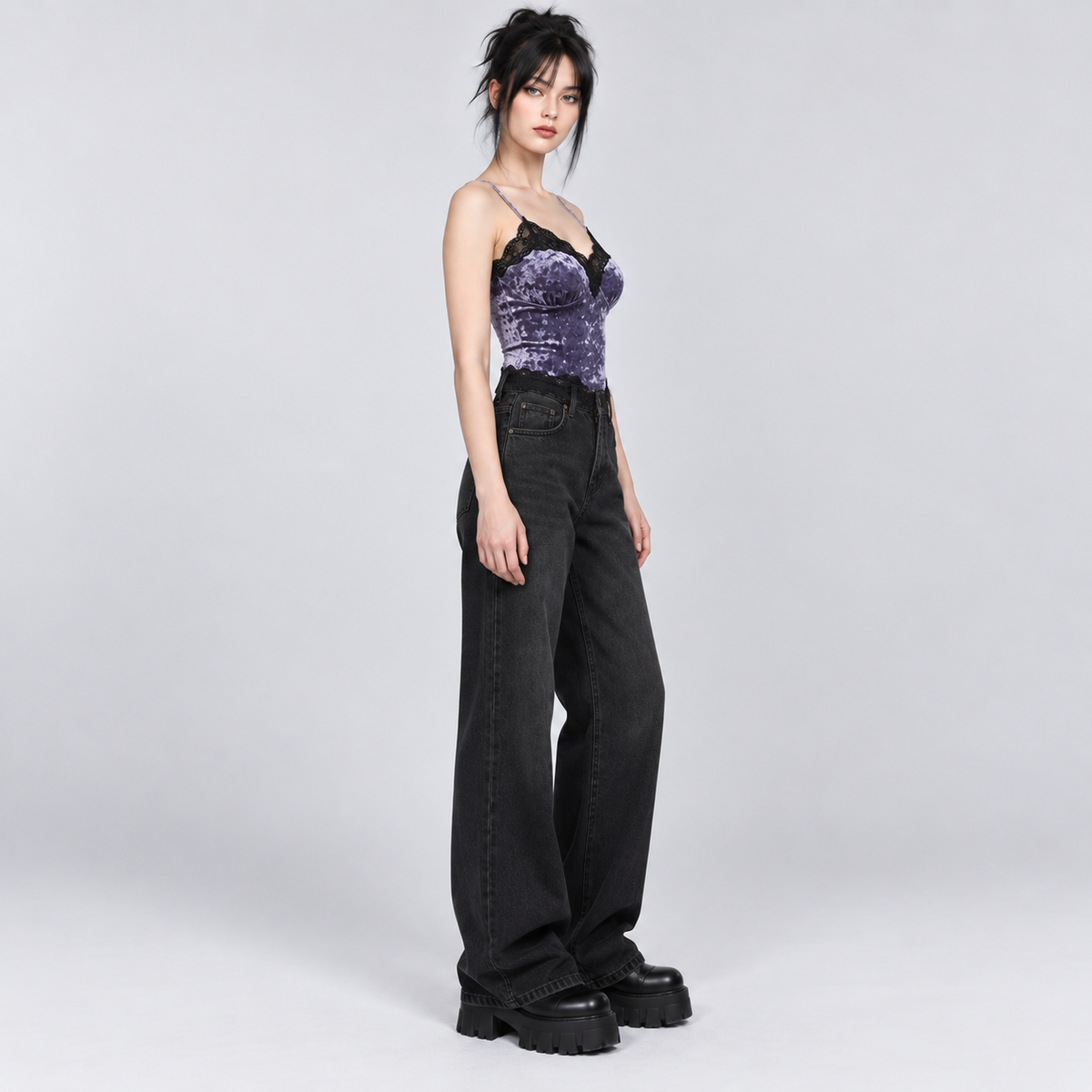 Purple Gothic Crushed Velvet Lace Trim Bustier Camisole Top