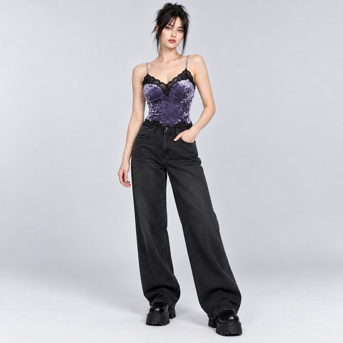 Purple Gothic Crushed Velvet Lace Trim Bustier Camisole Top