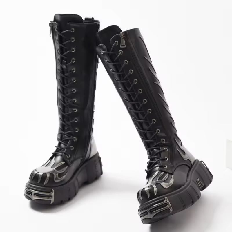 Gothic Silver Flame Knee-High Platform Lace-Up Boots