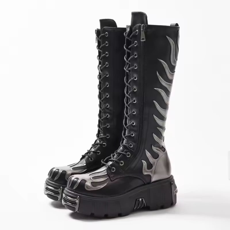 Gothic Silver Flame Knee-High Platform Lace-Up Boots