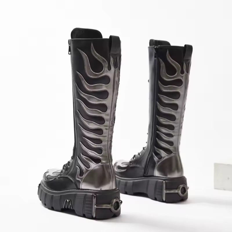 Gothic Silver Flame Knee-High Platform Lace-Up Boots