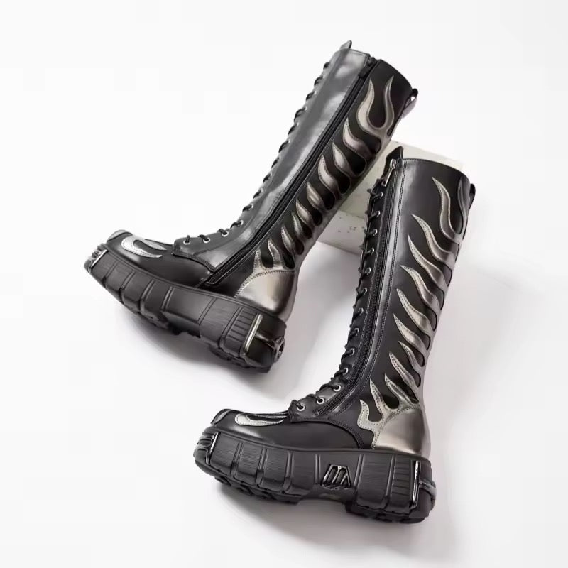 Gothic Silver Flame Knee-High Platform Lace-Up Boots
