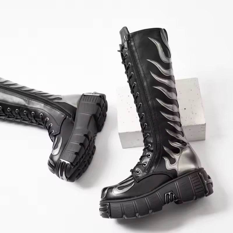 Gothic Silver Flame Knee-High Platform Lace-Up Boots