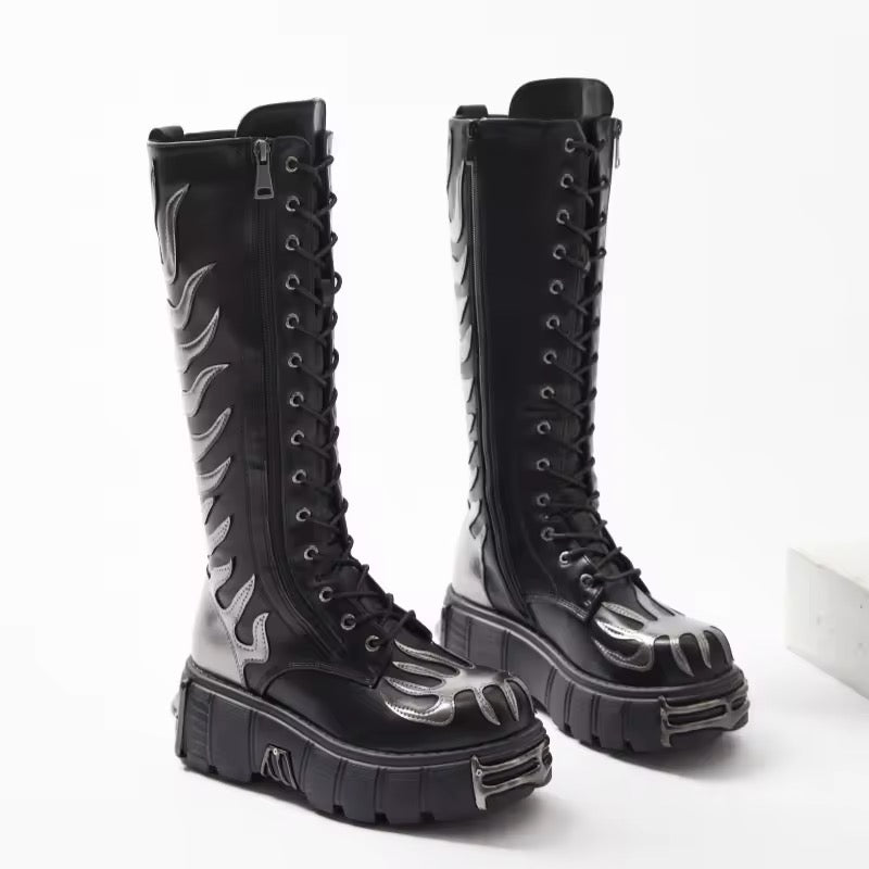 Gothic Silver Flame Knee-High Platform Lace-Up Boots