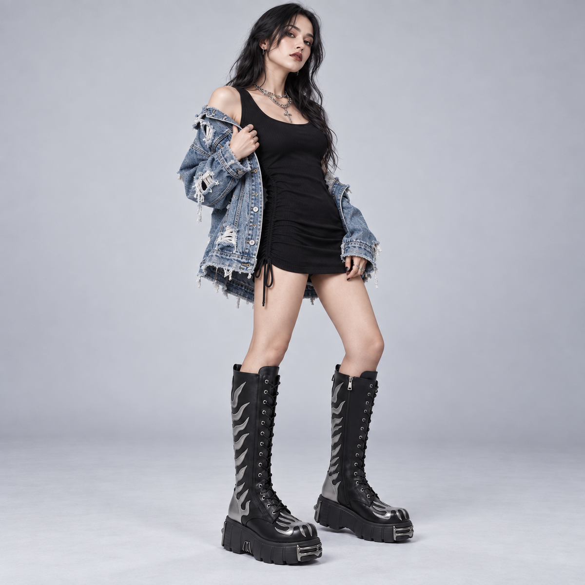 Gothic Silver Flame Knee-High Platform Lace-Up Boots