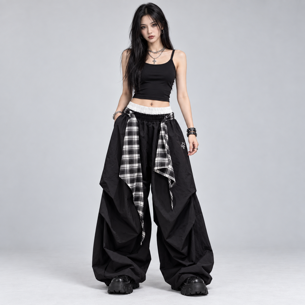 Black Plaid Layered Oversized Wide-Leg Parachute Trousers