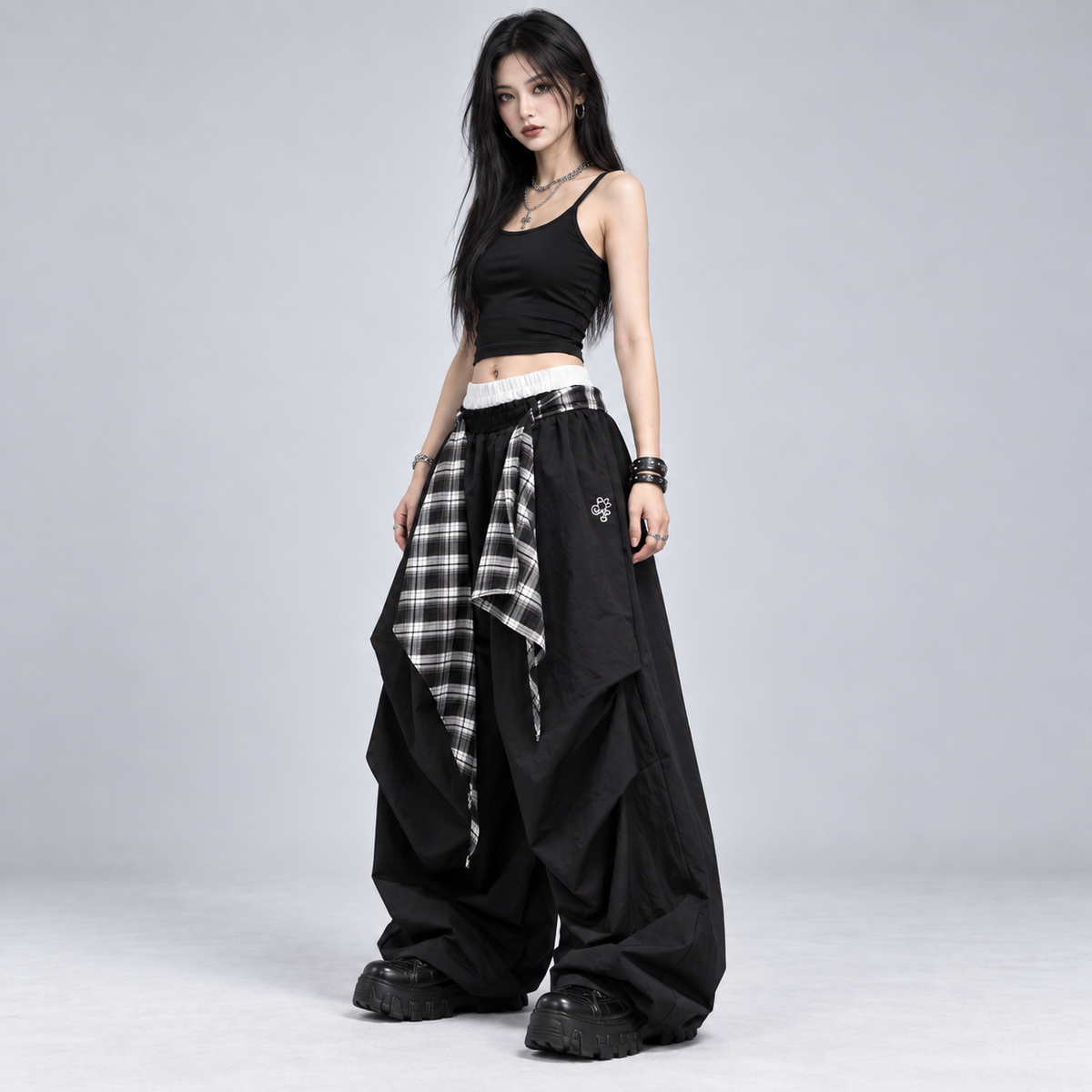 Black Plaid Layered Oversized Wide-Leg Parachute Trousers