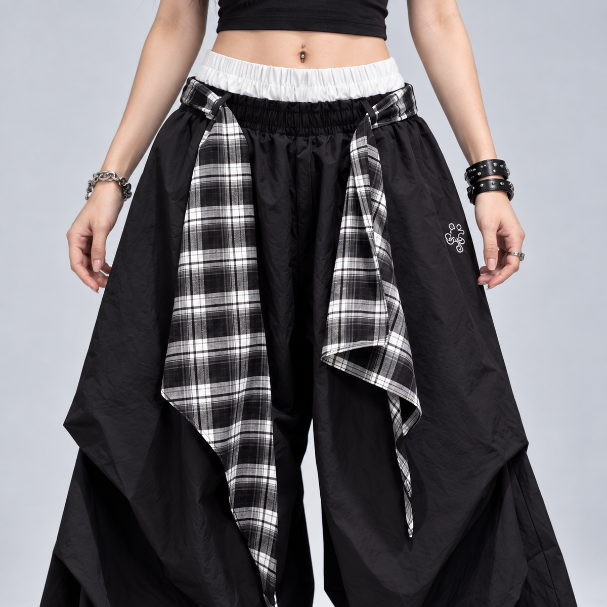Black Plaid Layered Oversized Wide-Leg Parachute Trousers
