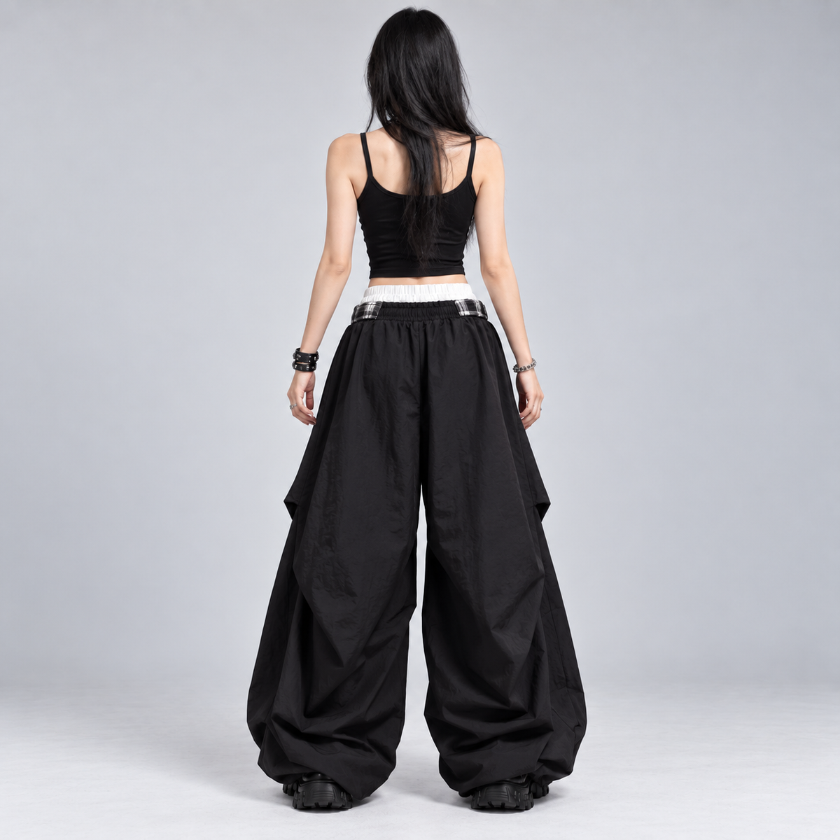 Black Plaid Layered Oversized Wide-Leg Parachute Trousers