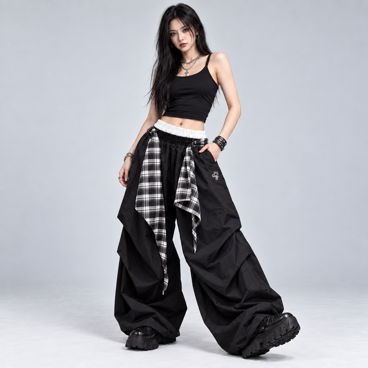 Black Plaid Layered Oversized Wide-Leg Parachute Trousers