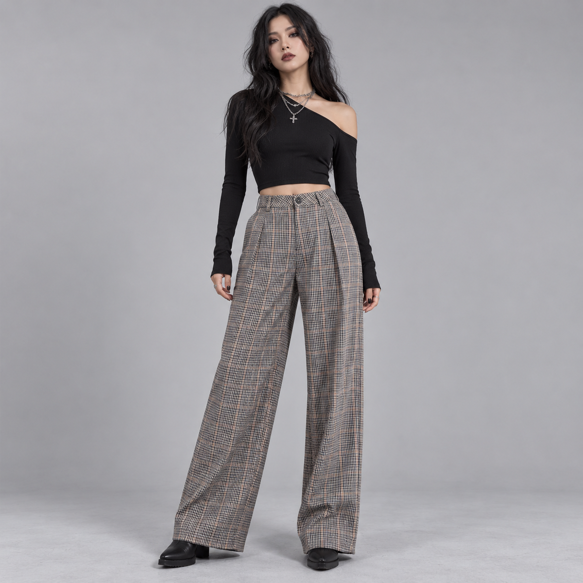 After Hours Check Wide-Leg Trousers – High-Waisted Grunge Tailored Pants