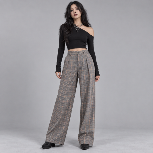 After Hours Check Wide-Leg Trousers – High-Waisted Grunge Tailored Pants