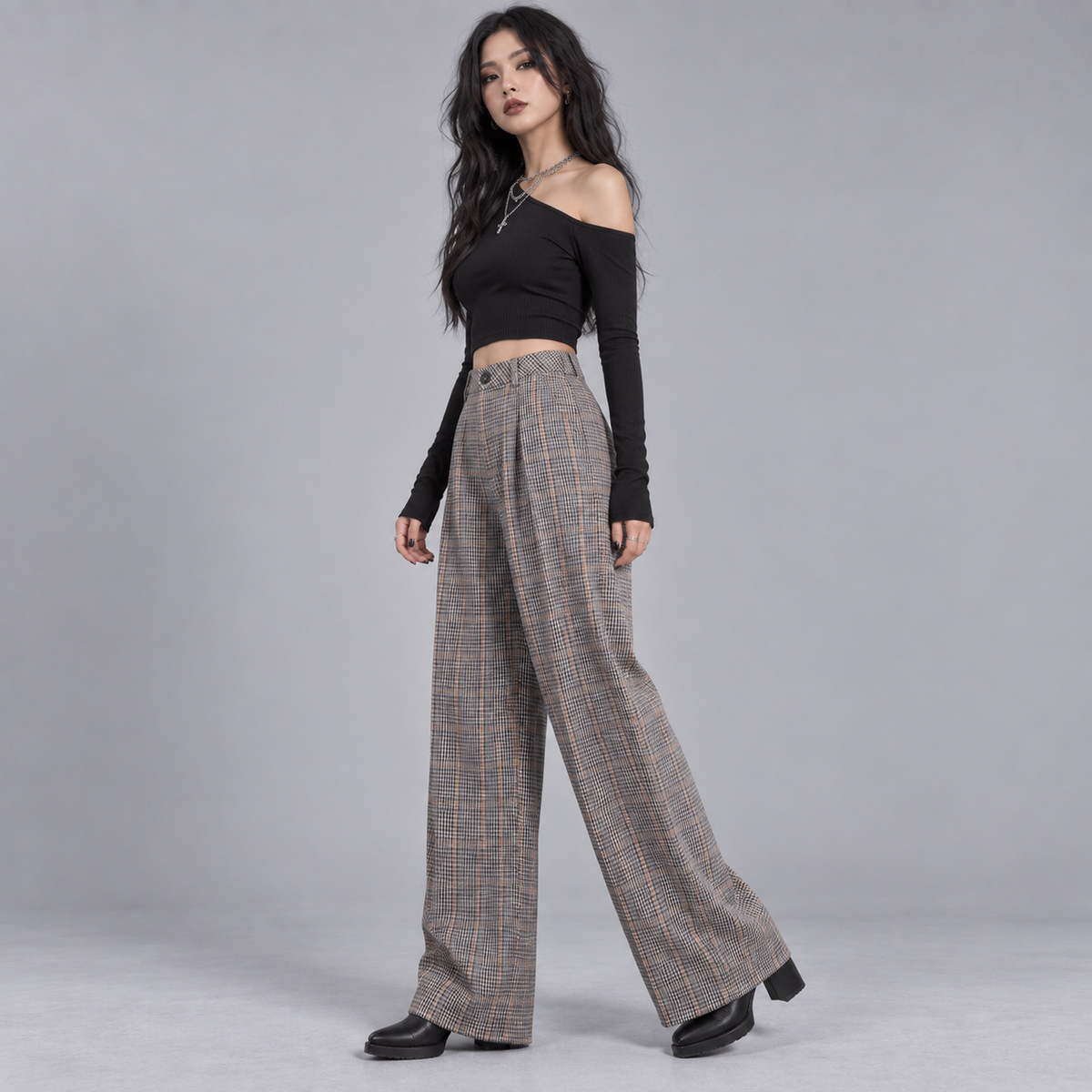 After Hours Check Wide-Leg Trousers – High-Waisted Grunge Tailored Pants