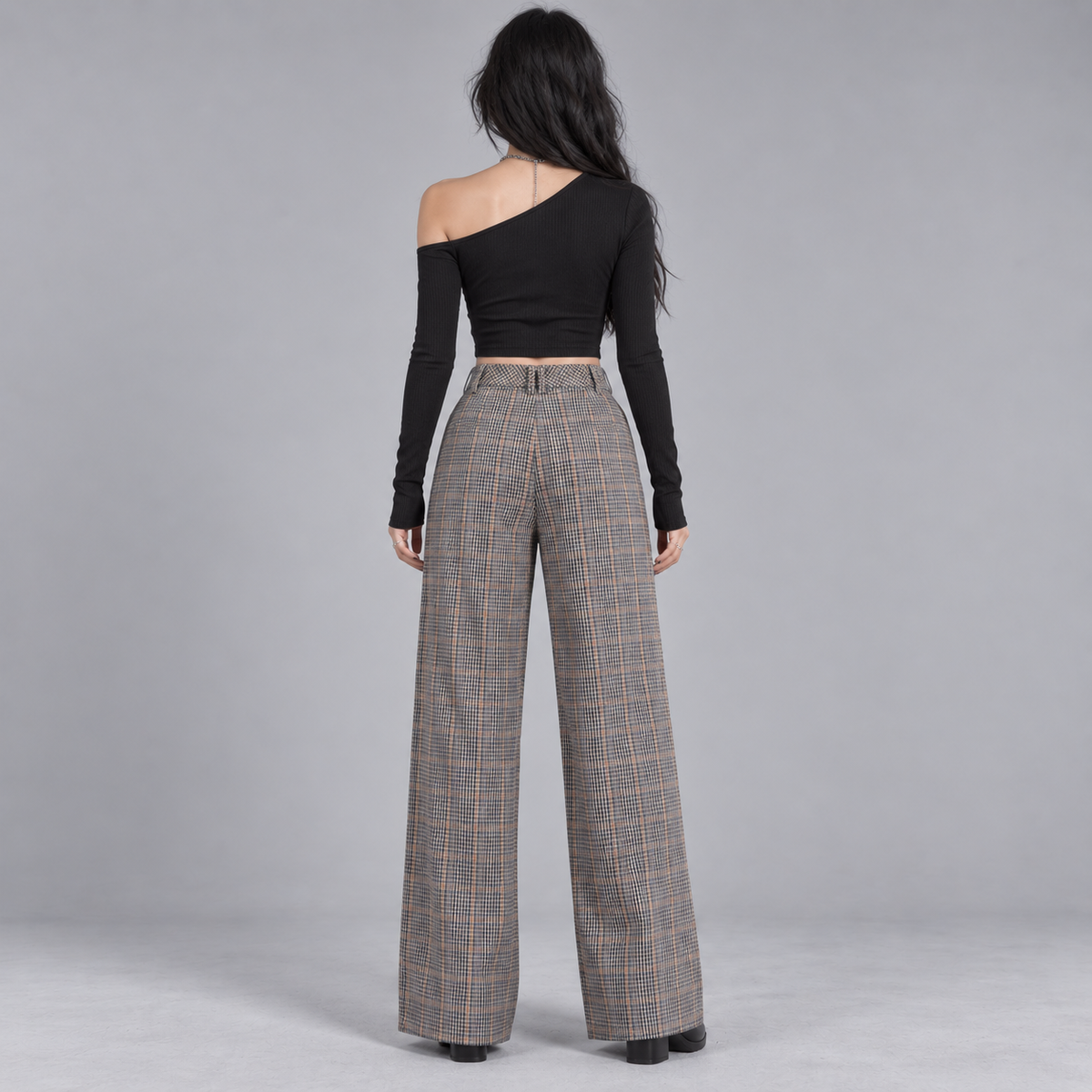 After Hours Check Wide-Leg Trousers – High-Waisted Grunge Tailored Pants