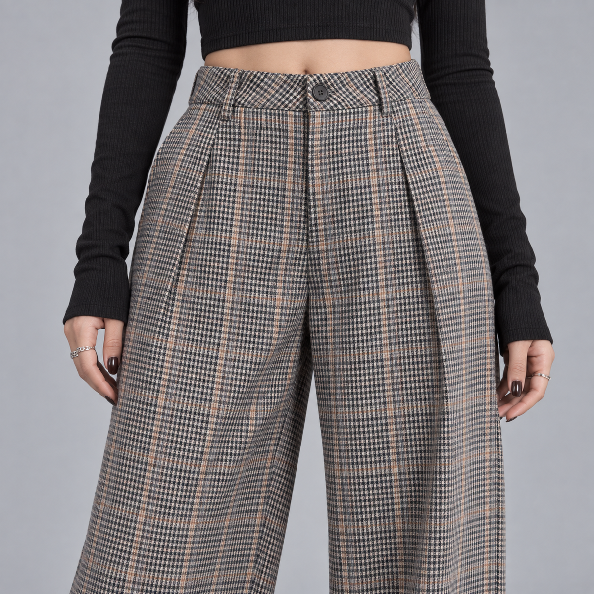 After Hours Check Wide-Leg Trousers – High-Waisted Grunge Tailored Pants