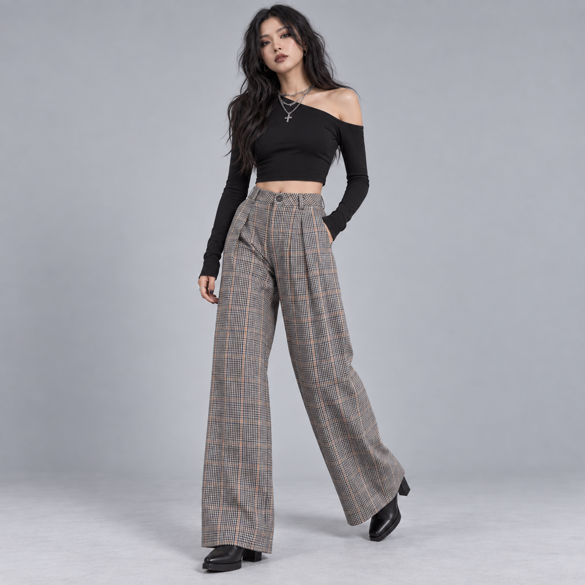 After Hours Check Wide-Leg Trousers – High-Waisted Grunge Tailored Pants