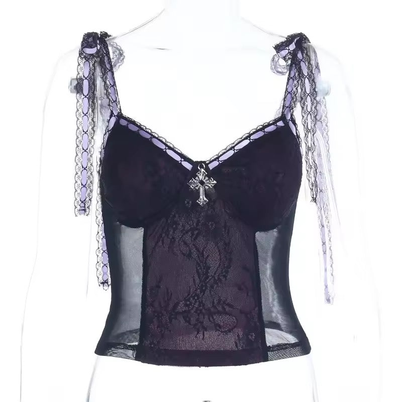 Violet Vespers Gothic Lace Corset-Style Top – Purple Ribbon Cross Cami