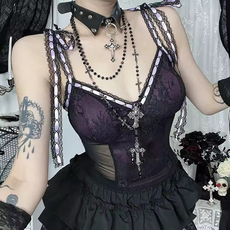 Violet Vespers Gothic Lace Corset-Style Top – Purple Ribbon Cross Cami
