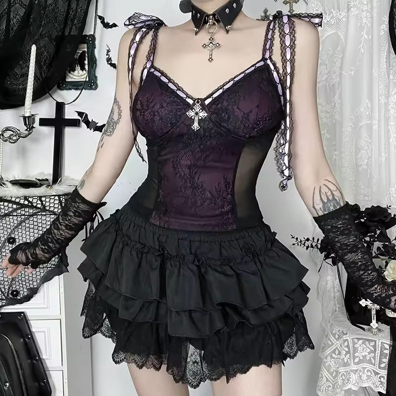 Violet Vespers Gothic Lace Corset-Style Top – Purple Ribbon Cross Cami