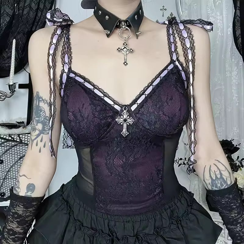Violet Vespers Gothic Lace Corset-Style Top – Purple Ribbon Cross Cami