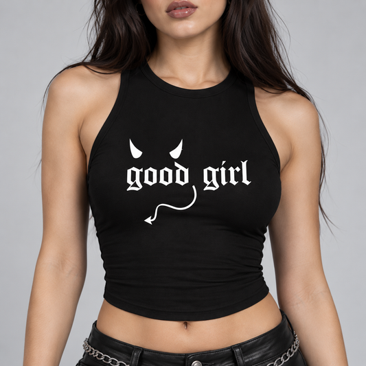 Devil’s Favourite “Good Girl” Gothic Graphic Crop Top – Black BookTok Tank