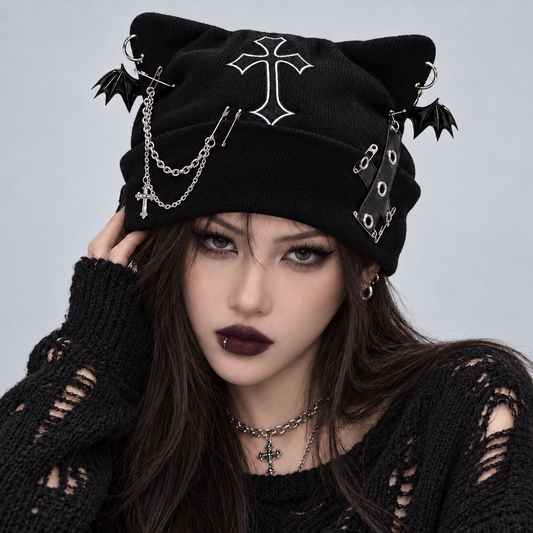Night Creature Gothic Cat Ear Beanie – Cross, Bat Wing & Chain Hat