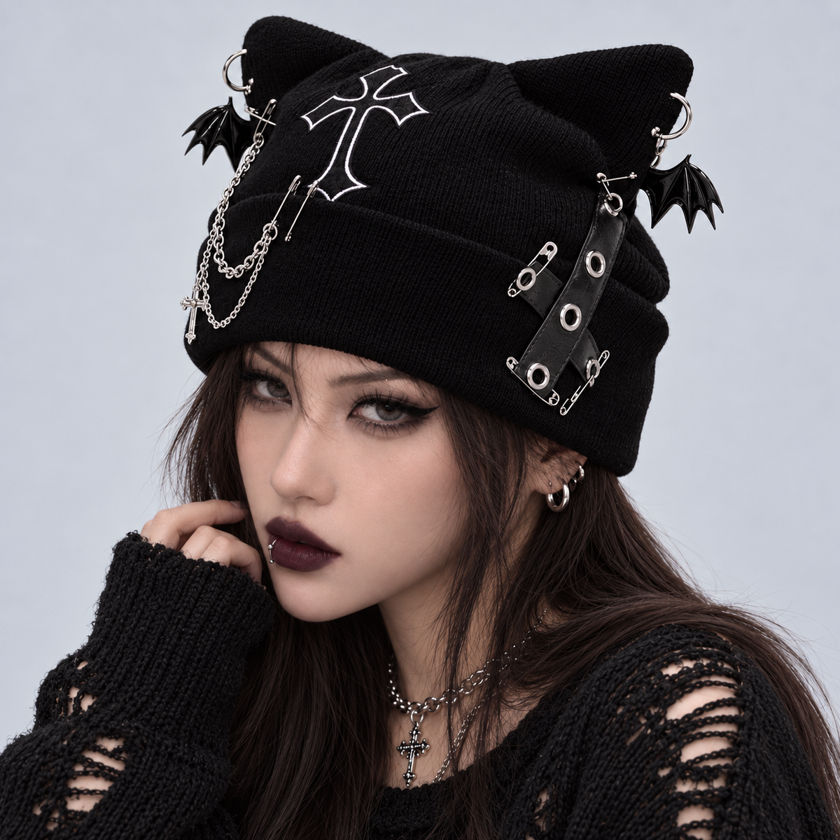 Night Creature Gothic Cat Ear Beanie – Cross, Bat Wing & Chain Hat