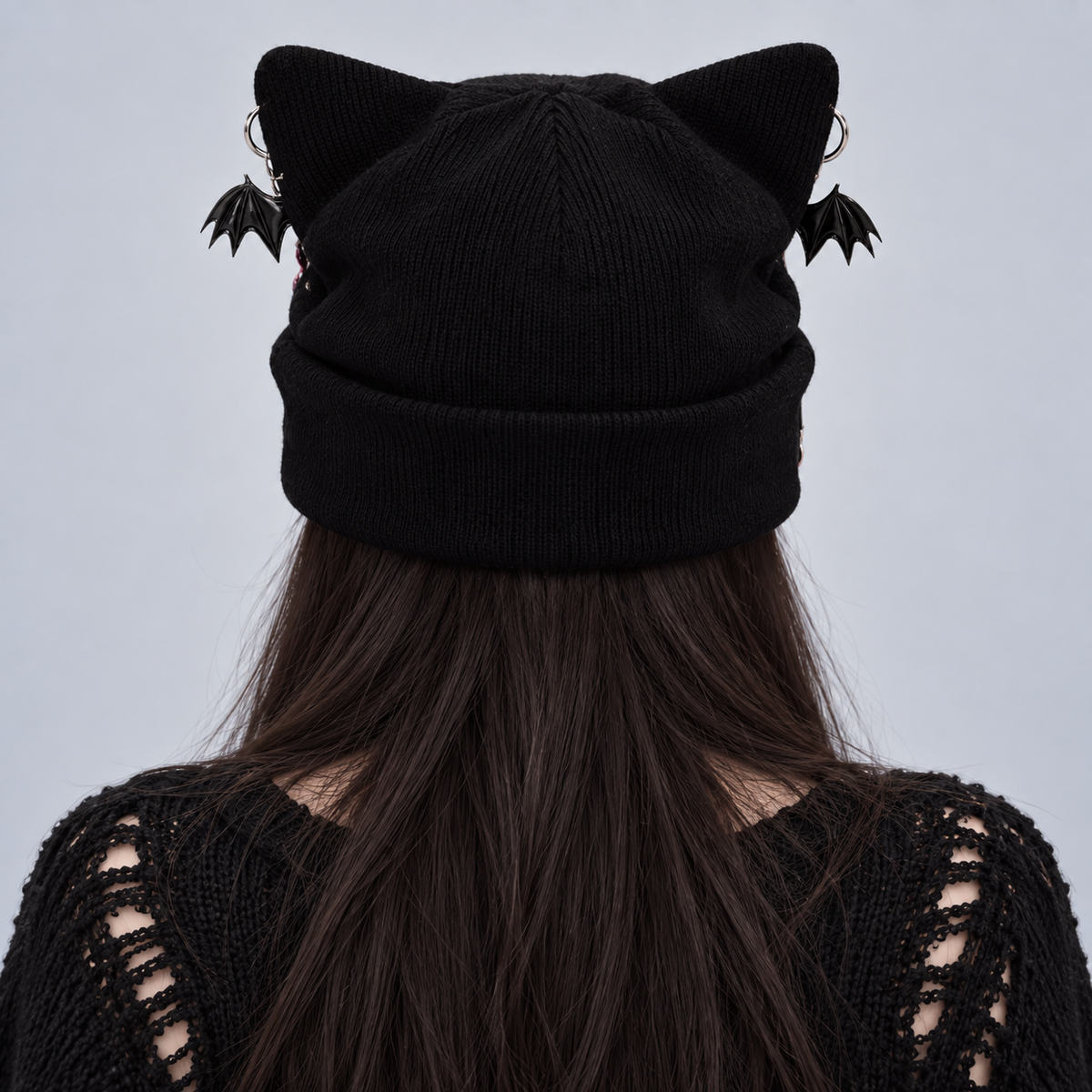 Night Creature Gothic Cat Ear Beanie – Cross, Bat Wing & Chain Hat