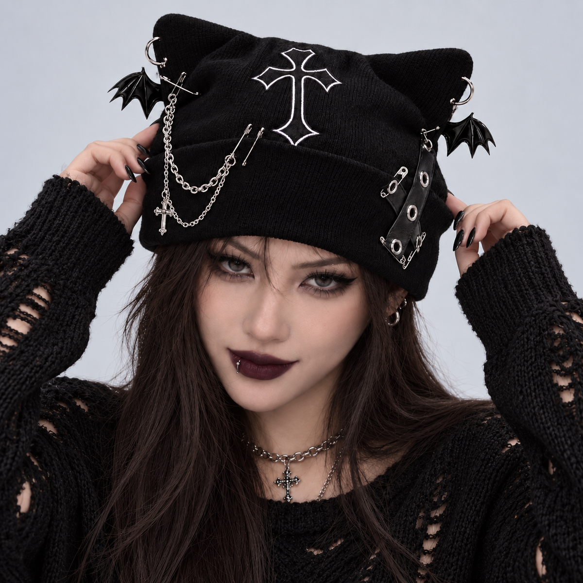 Night Creature Gothic Cat Ear Beanie – Cross, Bat Wing & Chain Hat