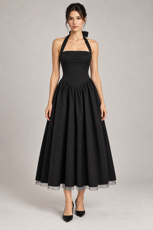 The Dark Romance Black Halter Neck Corset Midi Dress