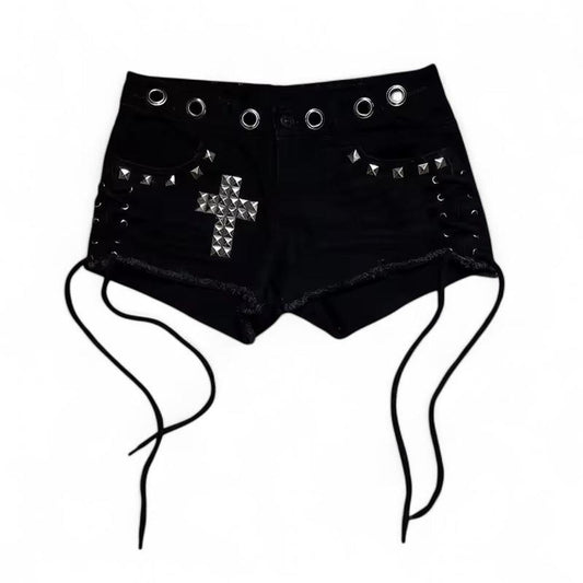 Black Denim Punk Cross Studded Lace Up Grunge Shorts