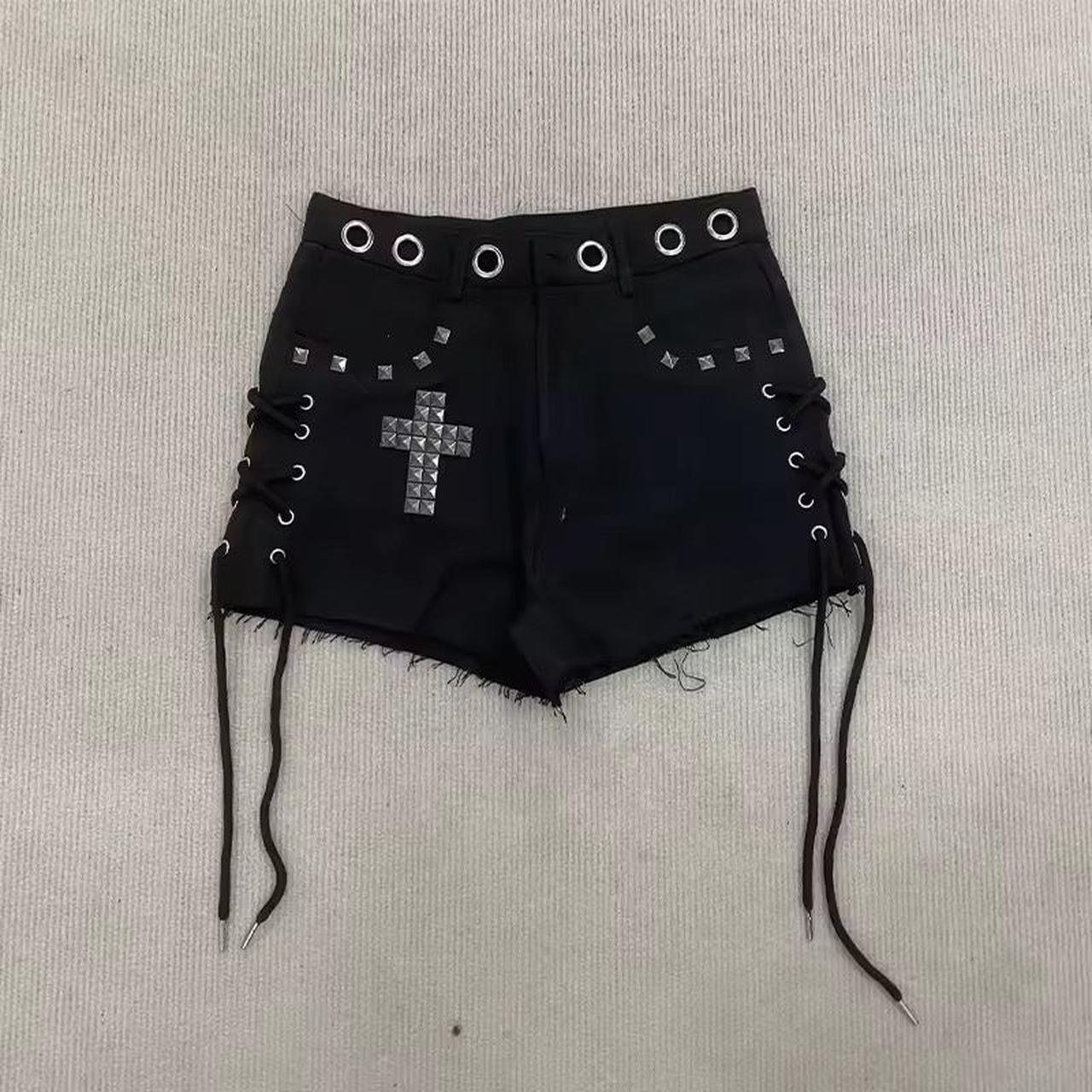 Black Denim Punk Cross Studded Lace Up Grunge Shorts