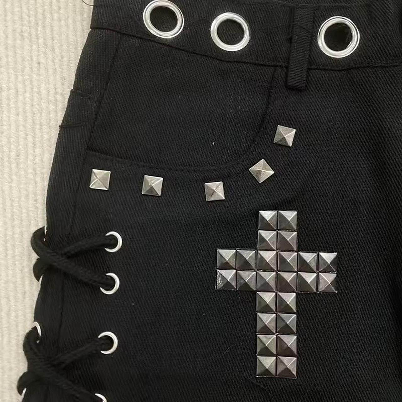 Black Denim Punk Cross Studded Lace Up Grunge Shorts