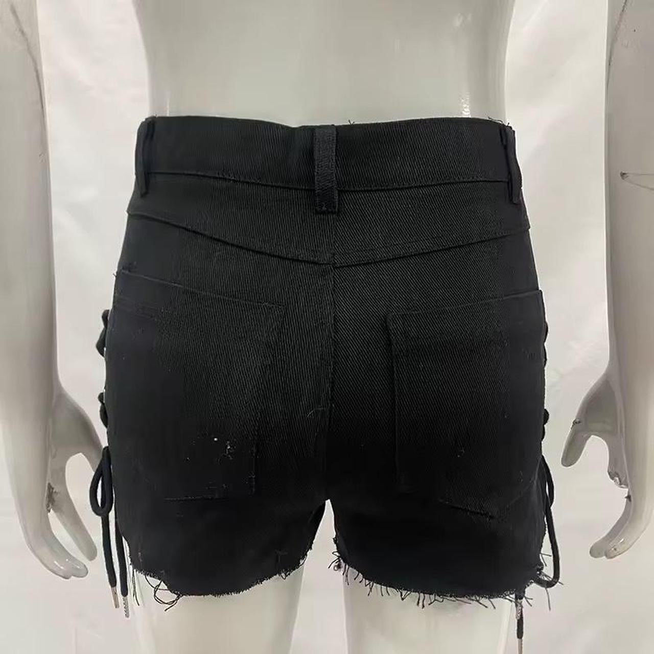 Black Denim Punk Cross Studded Lace Up Grunge Shorts