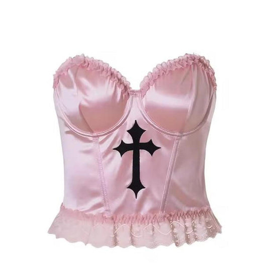 Pink Soft Goth Cross Satin Boudoir Corset Crop Top